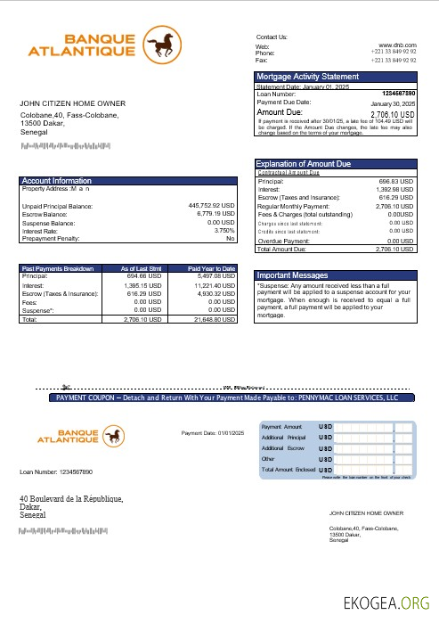 Relevé hypothécaire Sénégal Banque Atlantique aux formats Word et PDF